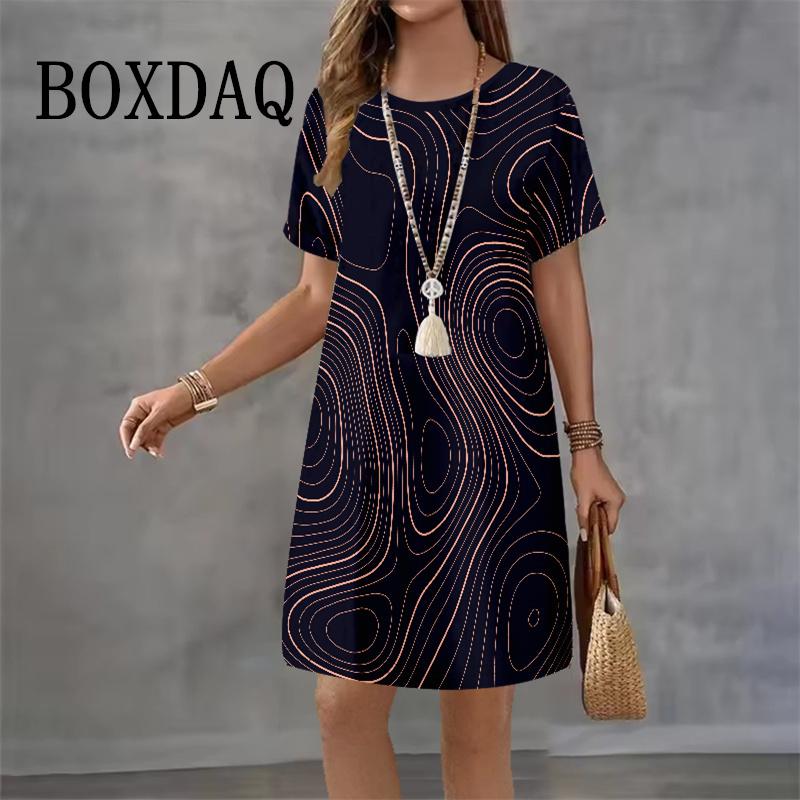 Женское платье с абстрактным градиентным принтом Летняя мода 2025 Повседневное свободное мини-платье Женское уличное платье с коротким рукавом и круглым вырезом А-силуэта