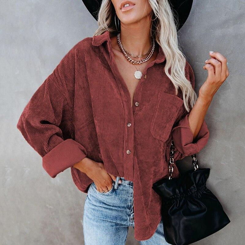Хлопковая Повседневная вельветовая блузка женская в полоску размера плюс женская рубашка-куртка винтажная пуговица с карманом свободные модные блузки топы 17787