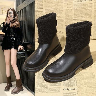 Xiaohongshu популярные зимние ПУ короткие голенища толстый каблук искусственный короткий плюш задняя молния низкий каблук (менее 3 см)