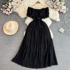 Off-the-Shoulder First Date Vintage Ruffled Waist A- Line Dress