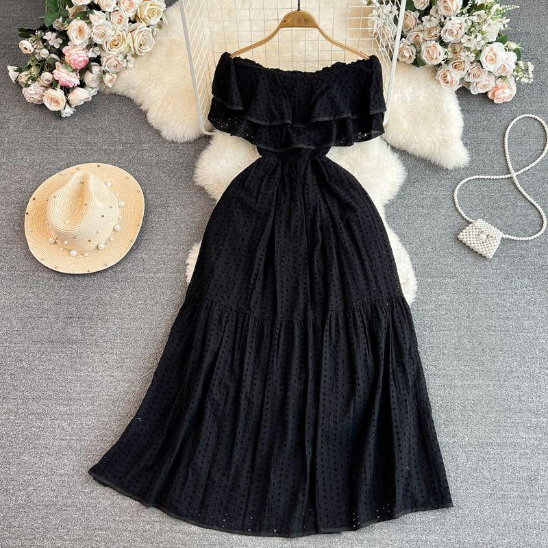 Off-the-Shoulder First Date Vintage Ruffled Waist A- Line Dress