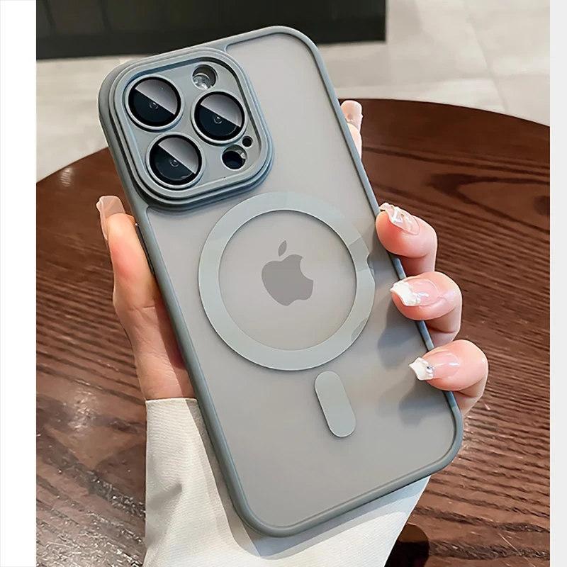 Чехол Funda для iPhone 15 14 13 12 11 Pro Max Plus, прозрачный чехол для Magsafe, защита магнитных линз, матовый матовый чехол