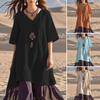 Women's Boho Patchwork Loose Dress Casual V-Neck Short Sleeve Swing Dress Summer Beach Vacation Sundress