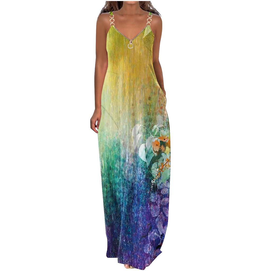 Платья для женщин Платье с принтом V-образным вырезом Длинное платье с карманами на молнии Повседневное платье макси с принтом в стиле бохо