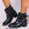 Hot Selling Shoes Women's Side Zipper Ankle Boots Women's Retro Modern Boots Women's Rivet Chain Belt Buckle Square Heel Shoes