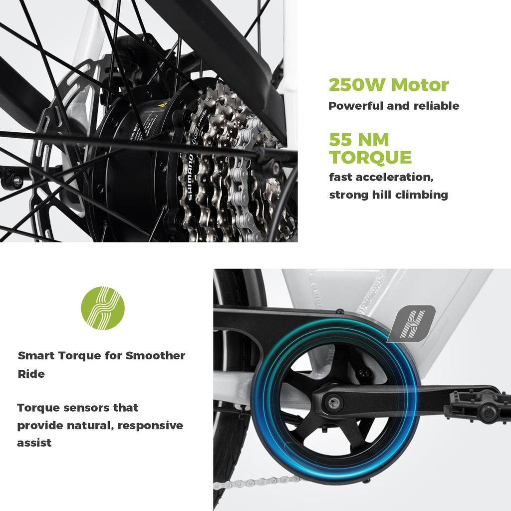 Electric Bike DERUIZ Quartz 28'' 250w Motor City Ebike - 48V 13.4Ah Battery Up to 161km Range, Hydraulic Brakes, Torque Sensor, 8 Speed, White