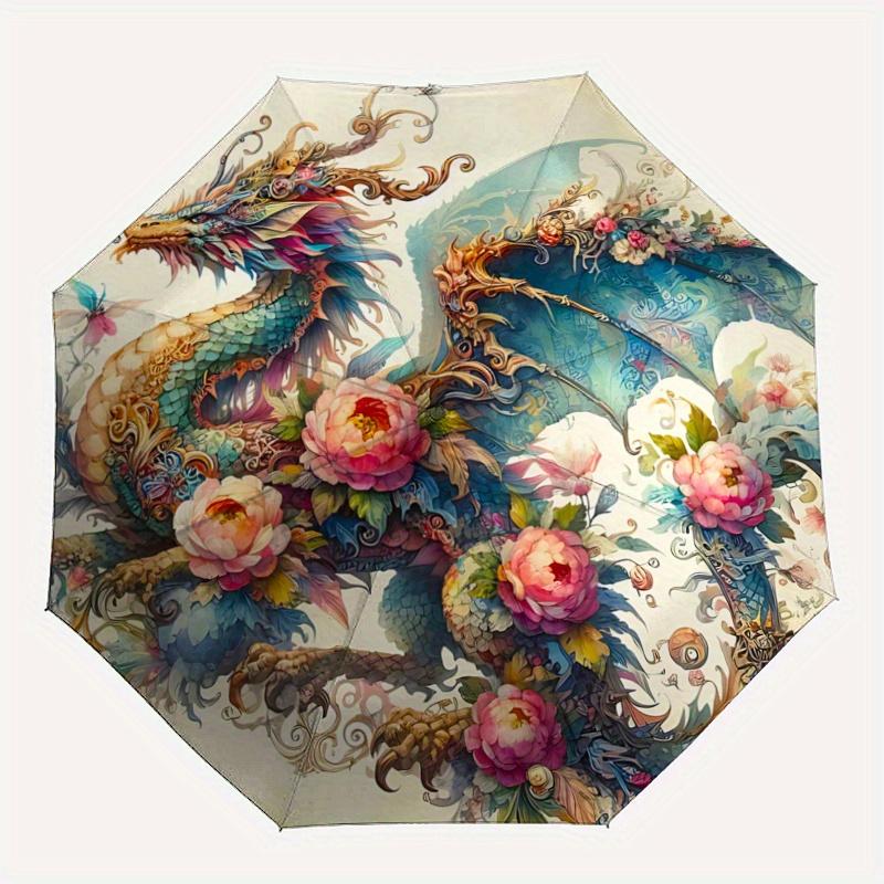 1pc Dragons and Butterflies Automatic Umbrella Design, Cute Cartoon Pattern, Portable Outdoor Umbrella, Perfect R052
