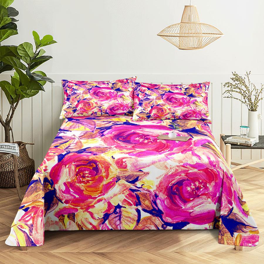 Bedsheets Set With Pillows Case Queen Size Soft Bed Sheets And Pillowcases For Single Double Beds Twin Pink Flower Thin Fabric