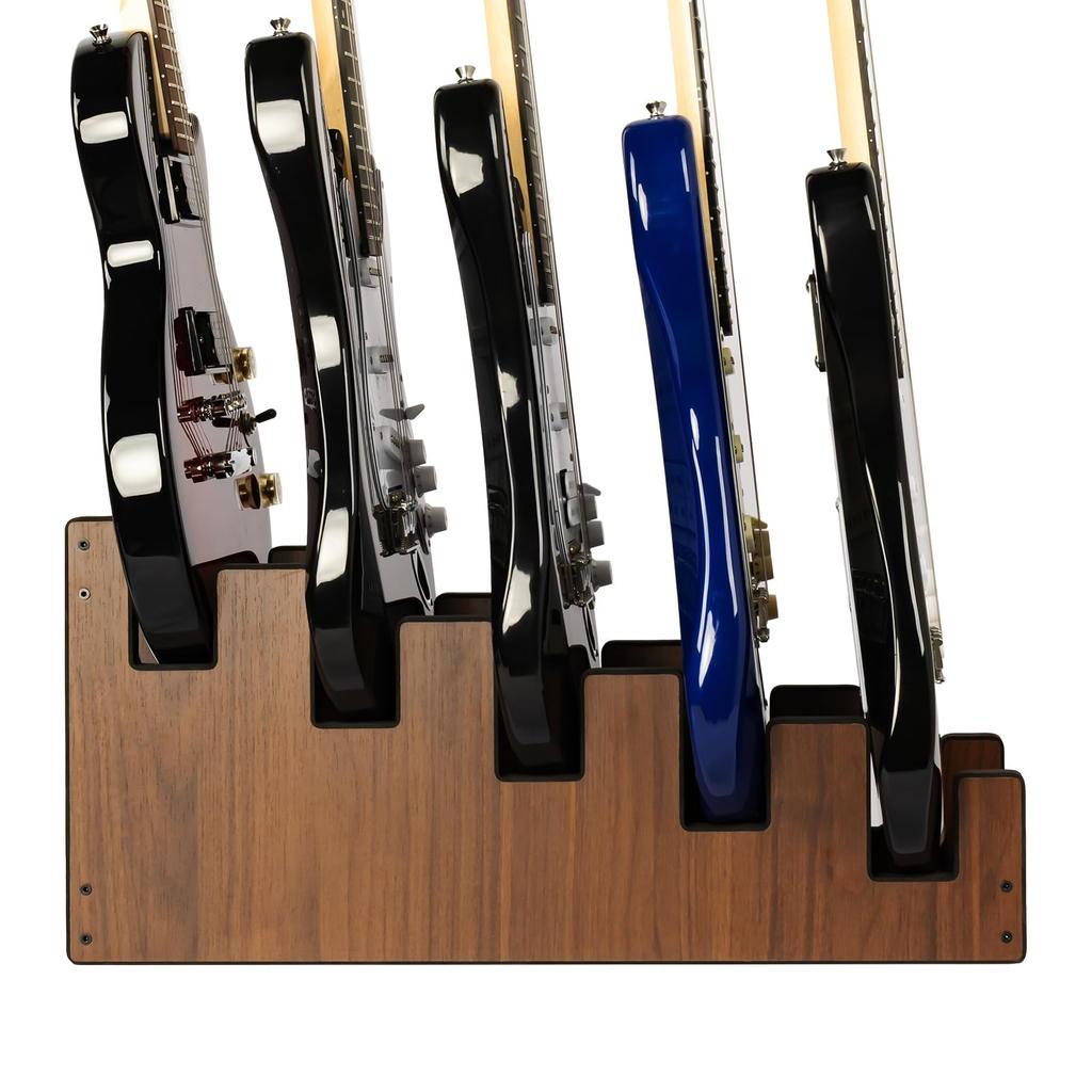 STRICH Wooden Guitar Front Stand for and Stage Walnut Color 5 L-5EW Floor-Mounted Stand, 5-Guitar Capacity, Display, Space-Saving, Multi-Guitar Home,