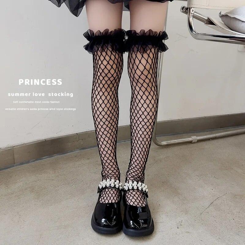 Children Girl Calf Sock Lace Lolita White Black Color Knee High Sock for Kids Girl Summer Fishnet Mesh Sock Clothes Accessories