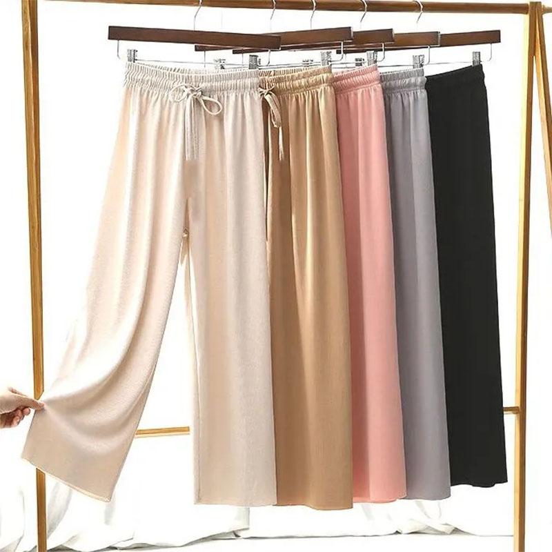 Широкие брюки с подвеской из ледяного шелка, женские весенне-летние прямые брюки с девятью точками, тонкие повседневные брюки с высокой талией, свободные крутые брюки для девочек