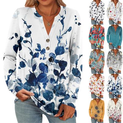 Женская модная повседневная футболка с длинным рукавом и цветочным принтом, пуловер