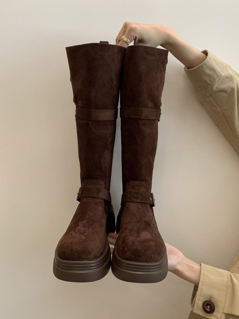 2025 Autumn and Winter New Retro Suede Knight Boots Women's Thick Heel Thick Sole Long Tube High Tube Thin Round Head High Boots