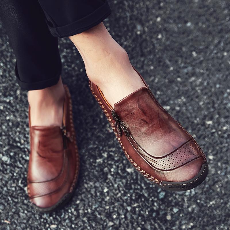 Men's Casual Patchwork Leather Zip Split Round Toe Slip-on Shoes Fashion Antiskid Suture Sole Loafer