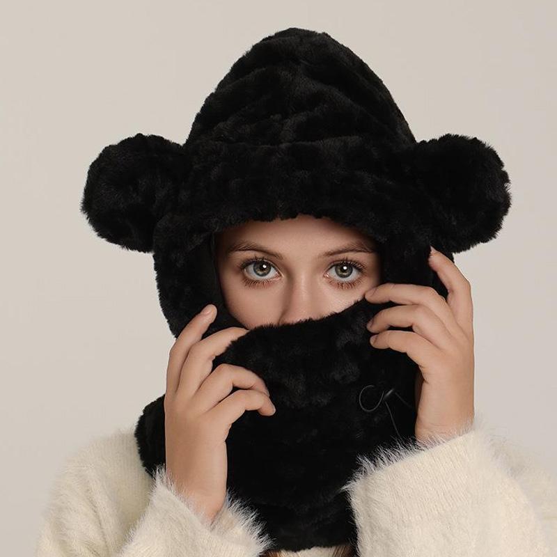 1 шт. Зимняя шапка-ушанка в форме медведя, теплая, цельная, утолщенный шарф, флисовая подкладка, плюшевая шапка-маска