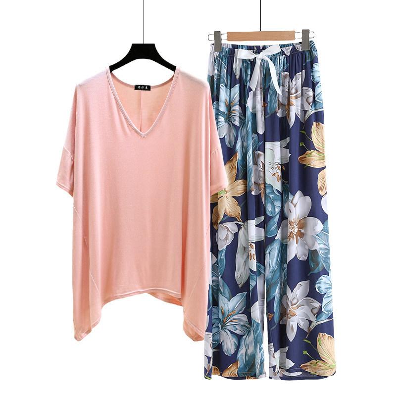 Необычная футболка и широкие брюки с цветочным принтом летние женские повседневные пижамные комплекты Костюм для дома с коротким рукавом Свободный легкий костюм для отдыха Большие размеры