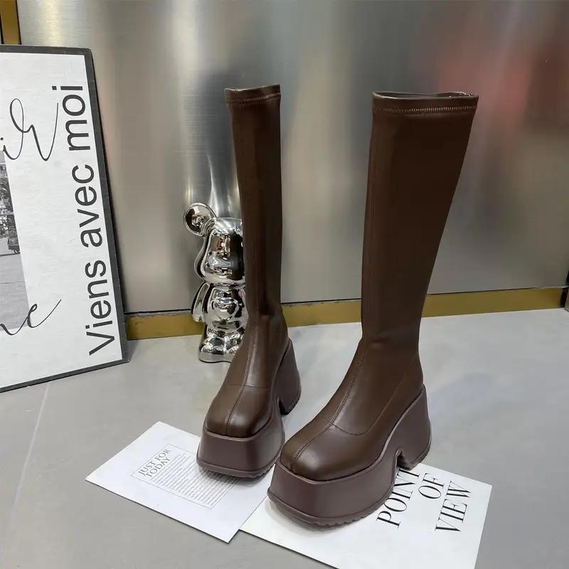 Осень-зима, удобные женские модные длинные сапоги с застежкой-молнией сзади, женские сексуальные элегантные туфли на платформе с 9-сантиметровой толстой подошвой, женские рыцарские сапоги