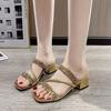 Fashion Fashion Golden Shiny Crystals Sandals Women Luxury Thick Heel Party Shoes Woman Summer Woven Strap High Heeled Sandles Female