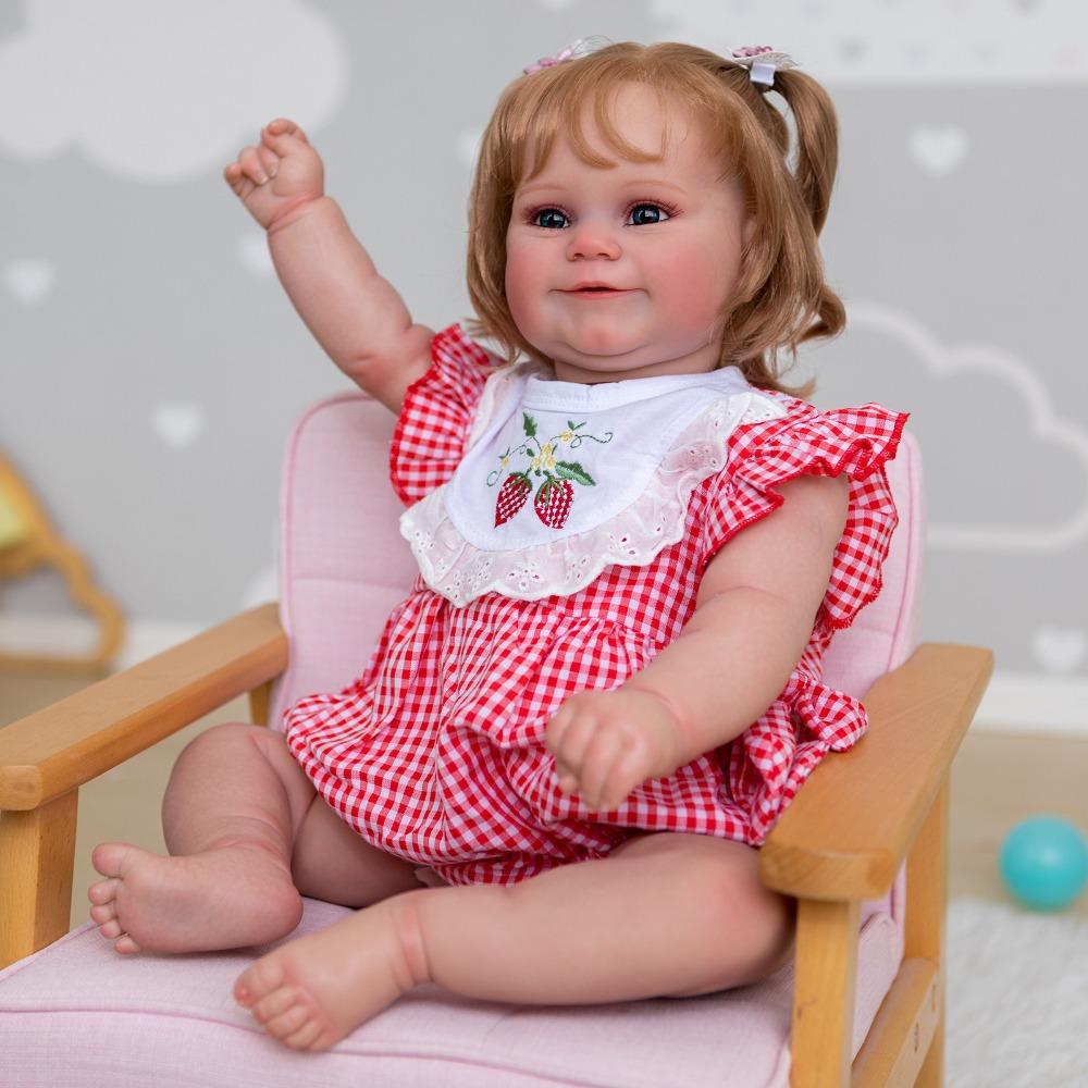 Cute 60cm Reborn Doll Maddie with Rooted Curly Hair Cloth Body Fat Baby Doll Look Real Handmade 3d Painted Skin Newborn Dolls for Kids Age 3+ Year Old