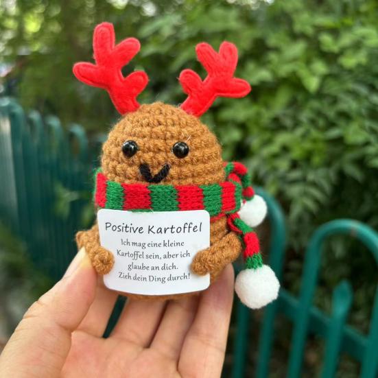 Positive Christmas Crochet Doll with Encouraging Card Emotional Support Handmade Knitting Santa Hat Potato Pickle Decoration Ornament Stress