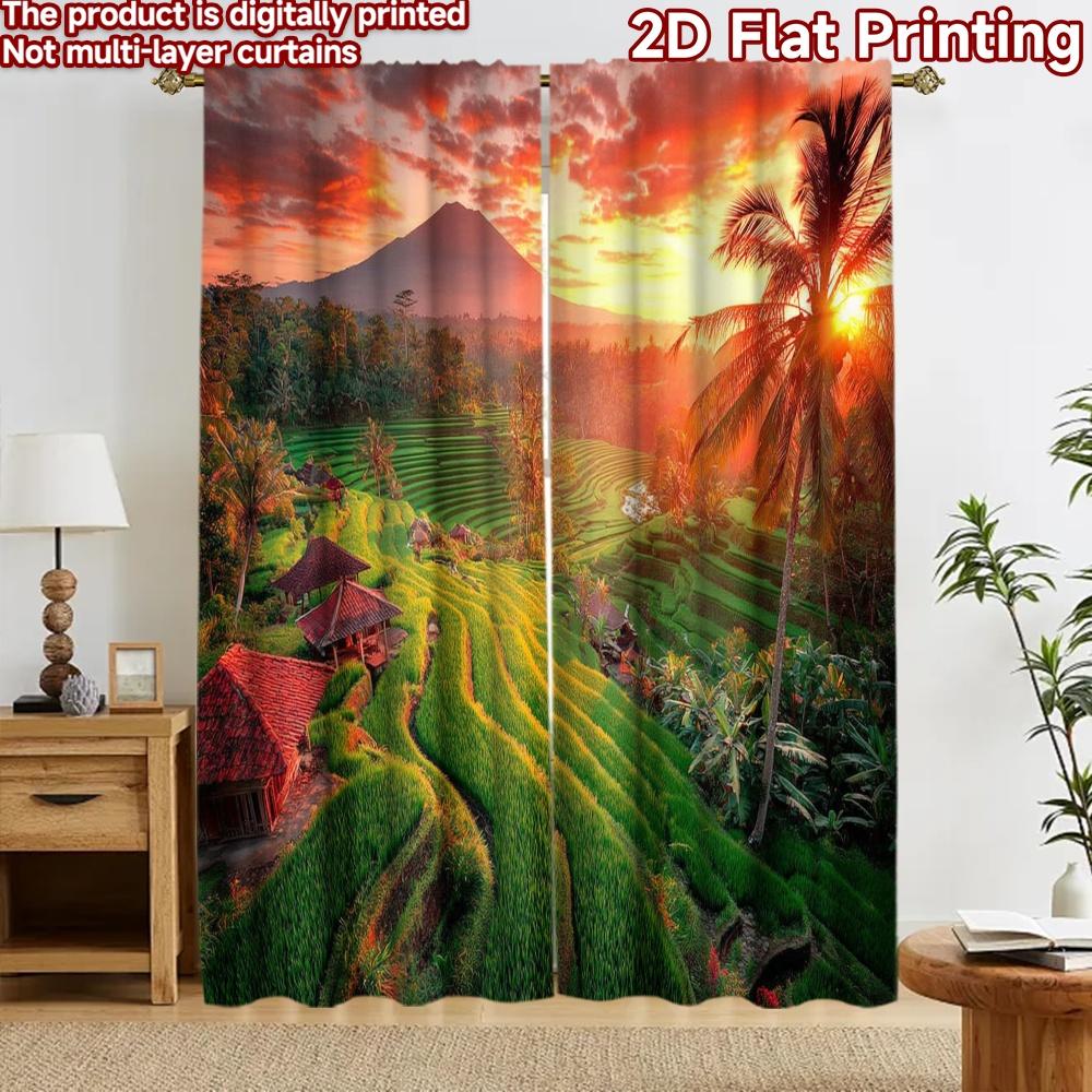 2D flat printing 2pcs Curtain Scene Curtain Sunset Over Rice Fields Digital Printed Polyester Drapes Festive Wall Decor Use for