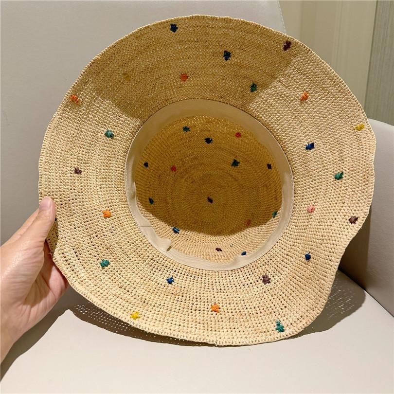 Ins Chic Summer Colored Square Stitching Decorat Natural Raffia Grass Sunshade Lady Bucket Cap Women Leisure Hat