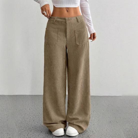 Women Pants Button Zipper Closure Straight Wide Leg Trousers with Pockets Solid Color Loose Fit Lounge Pants Daily