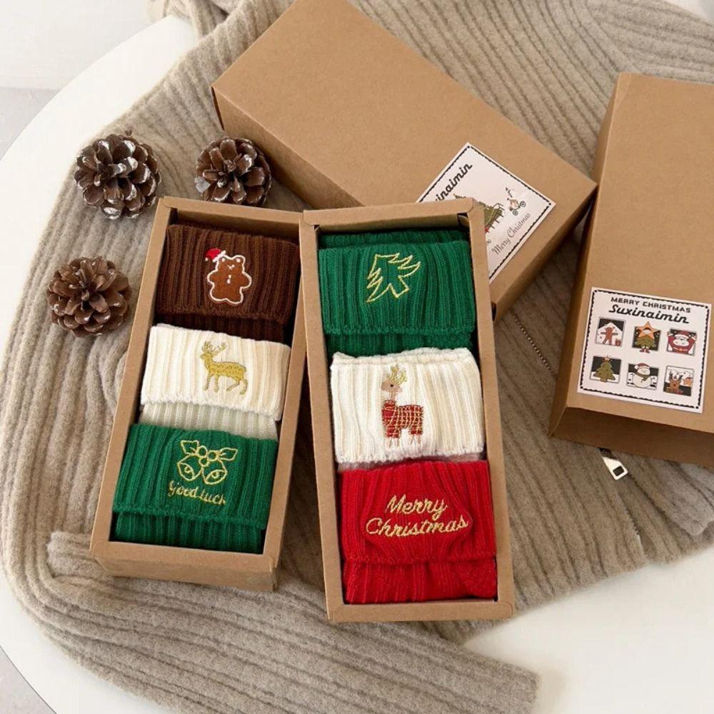 Cartoon Christmas Socks Embroidery Knitted Socks Cute Mid Tube Socks