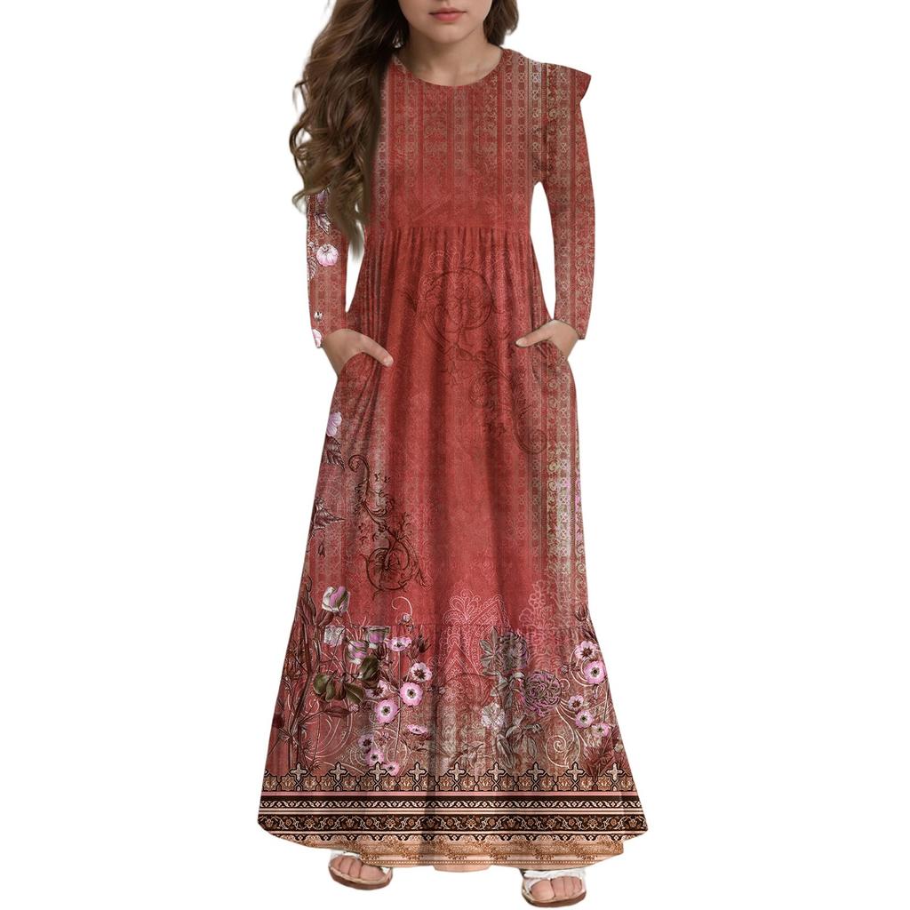 Платье с многоярусными оборками для девочек - Макси с длинным рукавом и принтом, с карманами