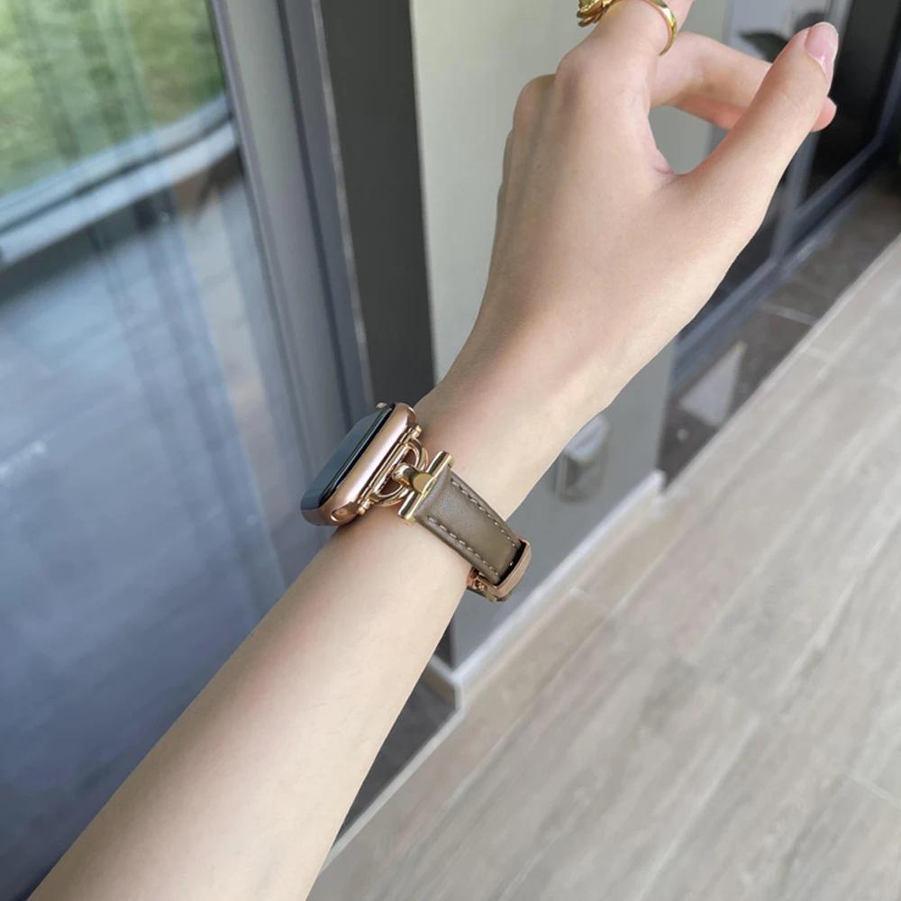 Женский кожаный браслет для Apple Watch Ultra 2 49 мм 10 42 мм 46 Ремешок с пряжкой-бабочкой для iWatch 9 8 7 6 SE 5 41 мм 45 мм 38 40 44