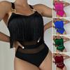 Women Sexy Monokini Sling Sleeveless Tassel Decor Swimsuit Mesh Splicing Backless Design One-piece Bikini