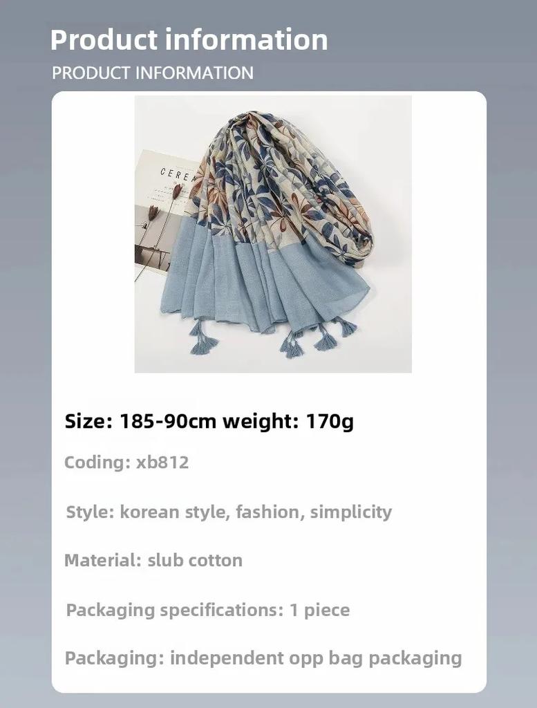 Retro Bamboo Cotton Scarf with Plant Floral Print Soft Versatile Travel Sand Scarf Fashionable Accessory for All Occasions