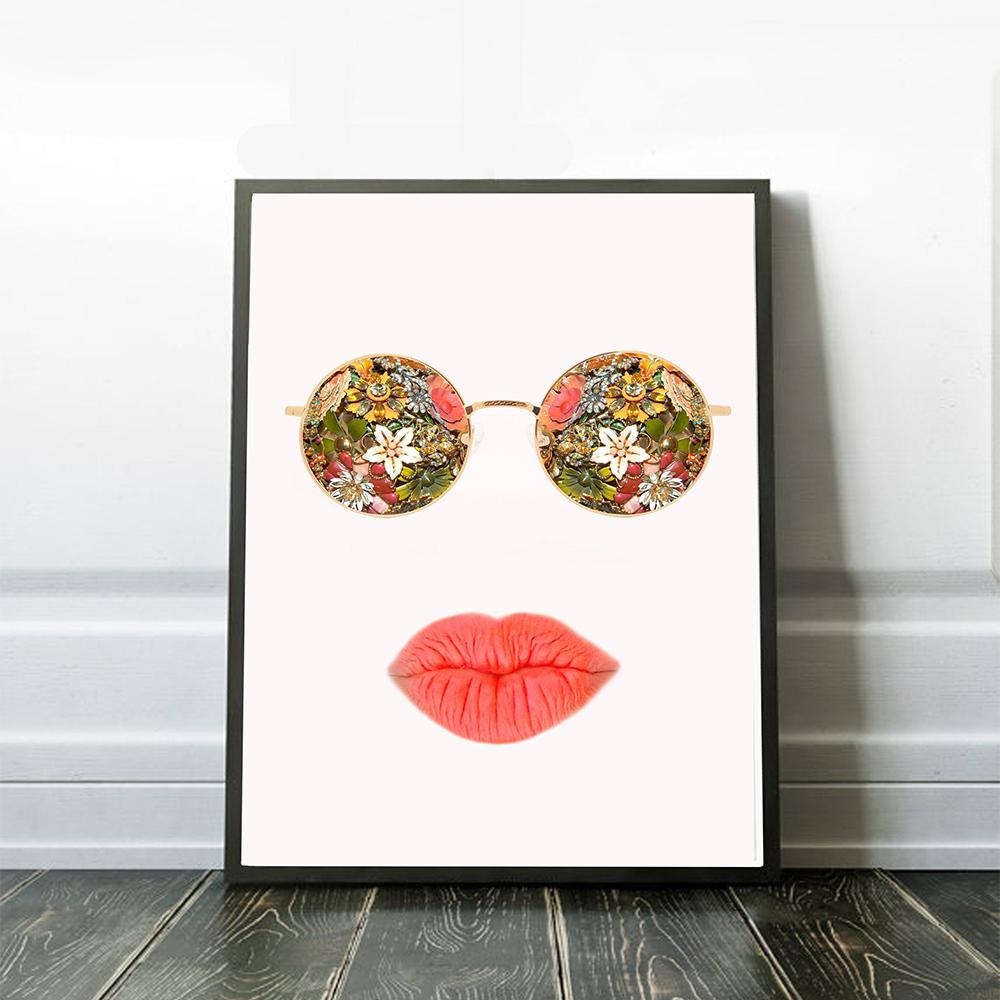 Hippie Sunglasses Wall Art Bohemian Red Lip Poster Boho Shabby Chic Teen Fashion Home Colorful Sexy Kiss For Girls Room Decor No Frame