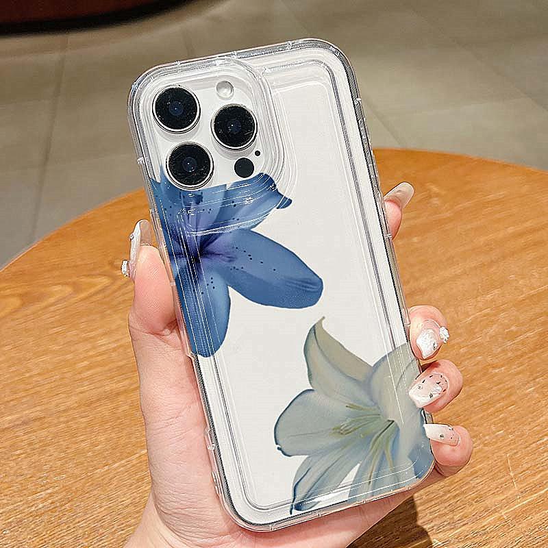 Элегантный чехол для телефона из ТПУ с узором синей лилии для 16 14 17 Pro Max 13 12 11 Pro Max 14 15 Plus XS XR X 16E 7 8 Plus Задняя крышка