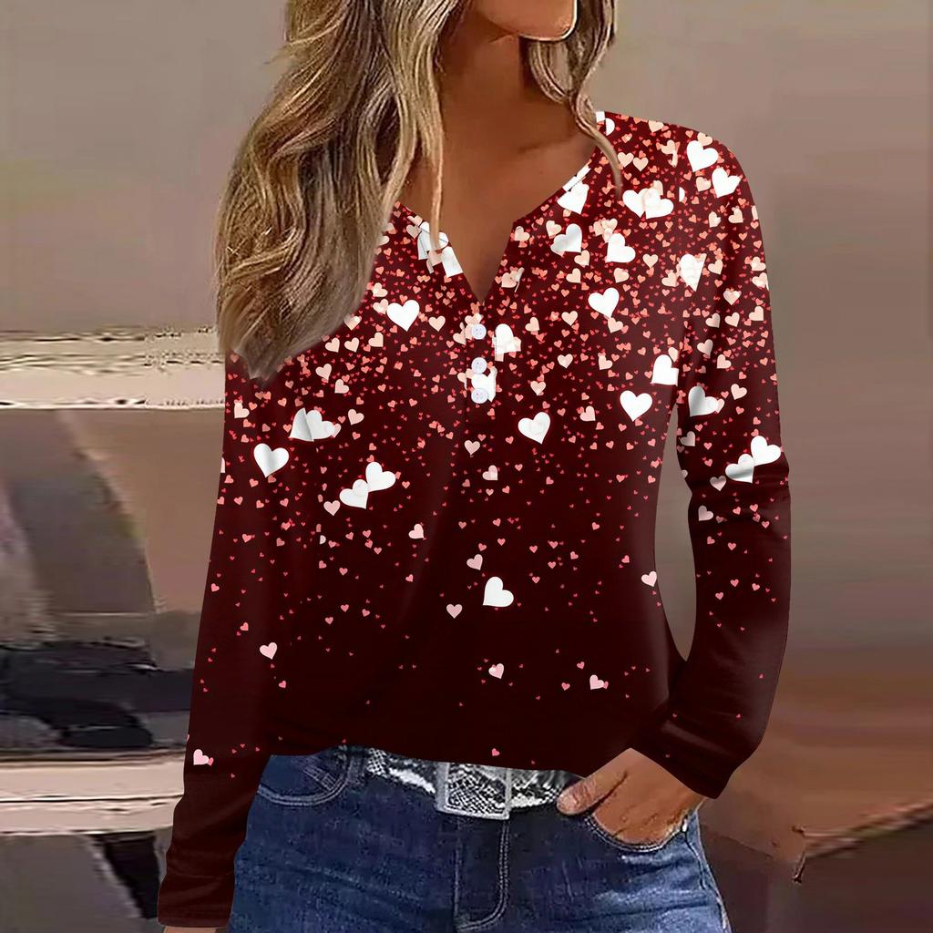 Женская футболка с принтом ко Дню святого Валентина, туника с длинным рукавом и пуговицами, повседневная мода на выходные, базовый топ с V-образным вырезом