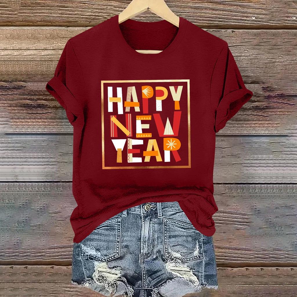 Ladies Casual 2025 New Year Printed Round Neck Short Sleeve T-Shirt Top