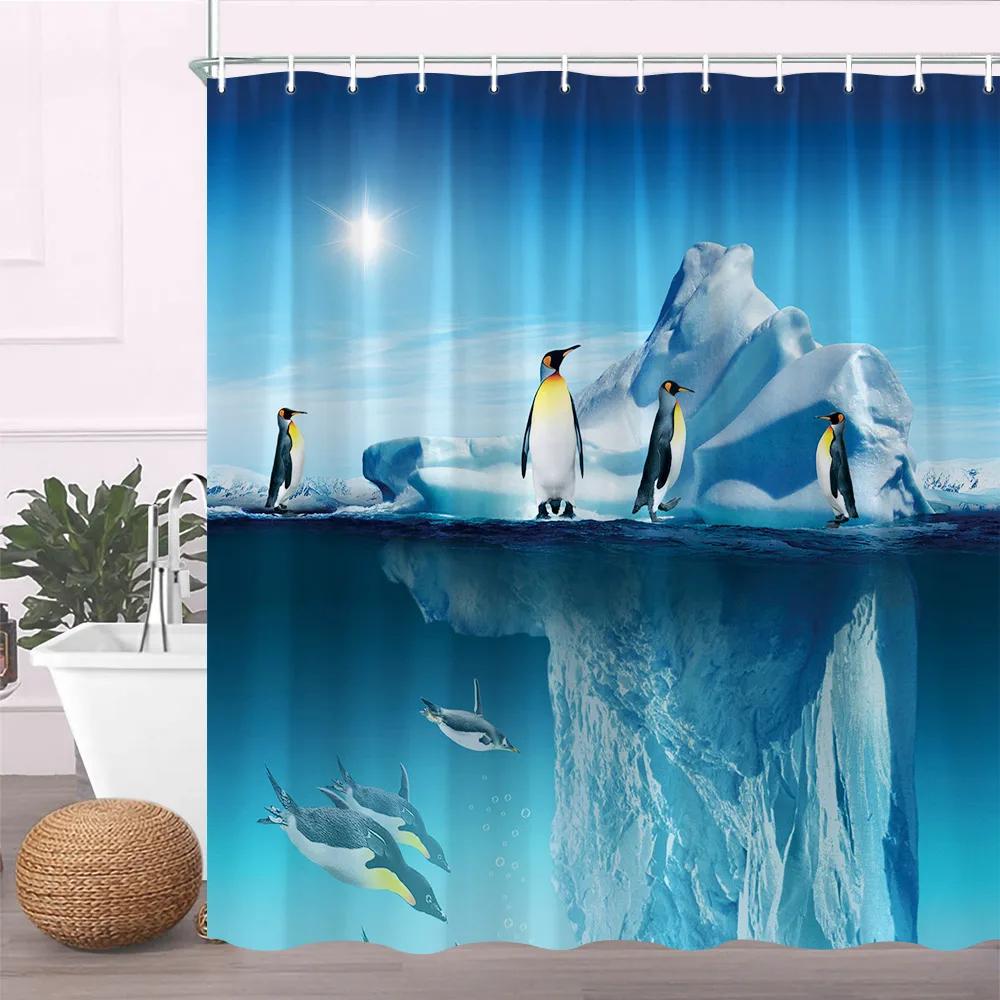 Океанская шторка для душа Синие шторки для душа для ванной комнаты Морские животные Полиэстер Подводный пейзаж Набор штор для ванной комнаты с крючк