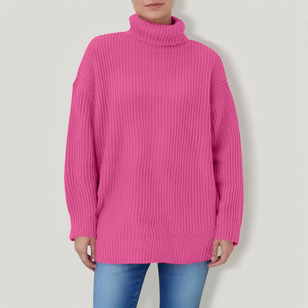Women's Solid Color High Neck Long Sleeved Knitted Sweater Top Loose Sweater