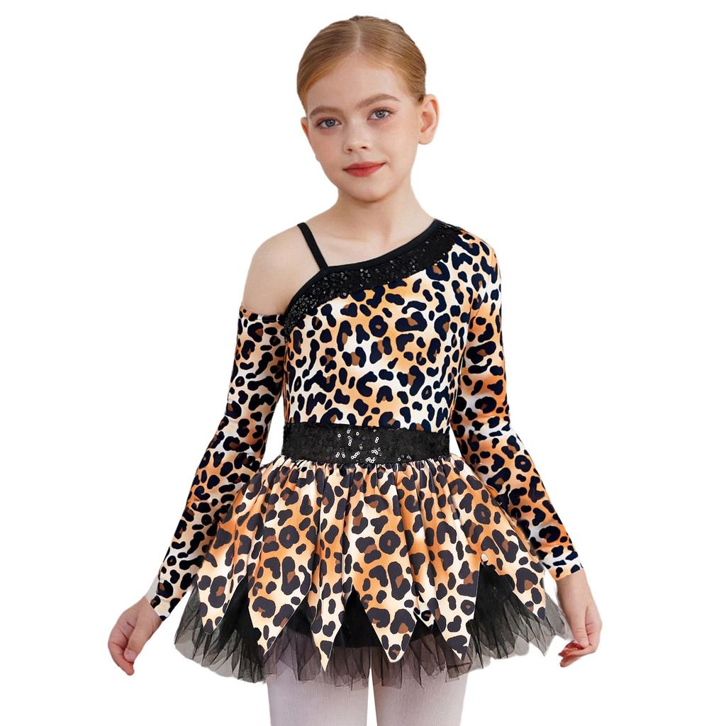 Cave Girl Costume for Kids: Asymmetric Sleeve Print Sequins Puffy Dress with Snap Crotch Briefs & Detachable Oversleeve for Role Play