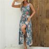Summer Print Long Dress Women Vacation Style V-neck Sleeveless High Waist Bandage Button