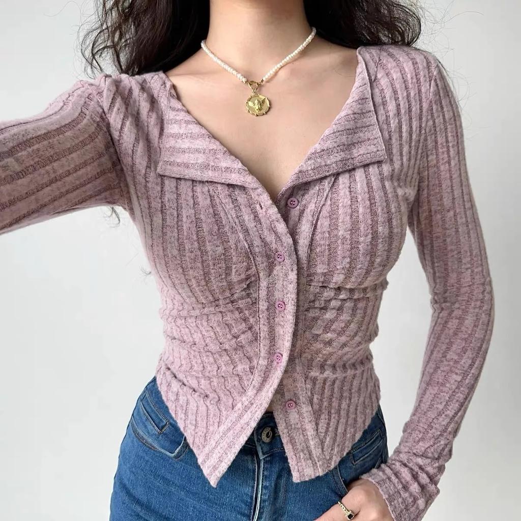 Knitted Cardigan Women Collar Sweater Coat Vintage Long Sleeve Single Breasted Top Autumn Fashion Girls Knitwear Jumper