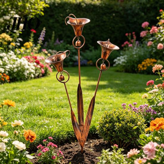 Metal Garden Decoration 2 Pcs Flamed Copper Three Calla Lilies Stake with Bells, Handmade Rain Catcher Soothing Chimes Flower, Plant Yard Art, Rustic