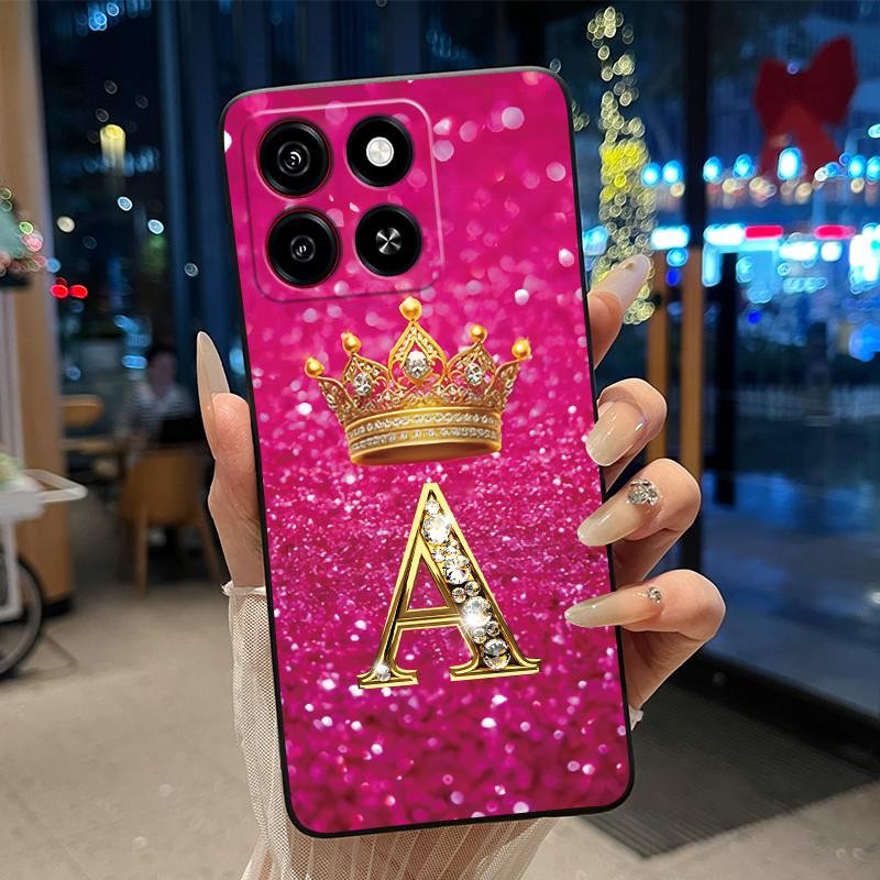 Cool Lucky A-Z Letter Phone Case For ZTE Blade A35/A55 Soft Silicone Black Case Shockproof Luxurious Glitter Crown Shell