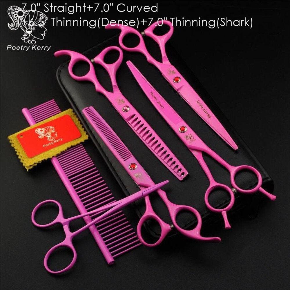 7.0" 8.0 Ch Profional Pet Scissors for Dog Groomg Straight & Thng & Curved Shears FeShark Teeth 4pcsSet +Comb Bag