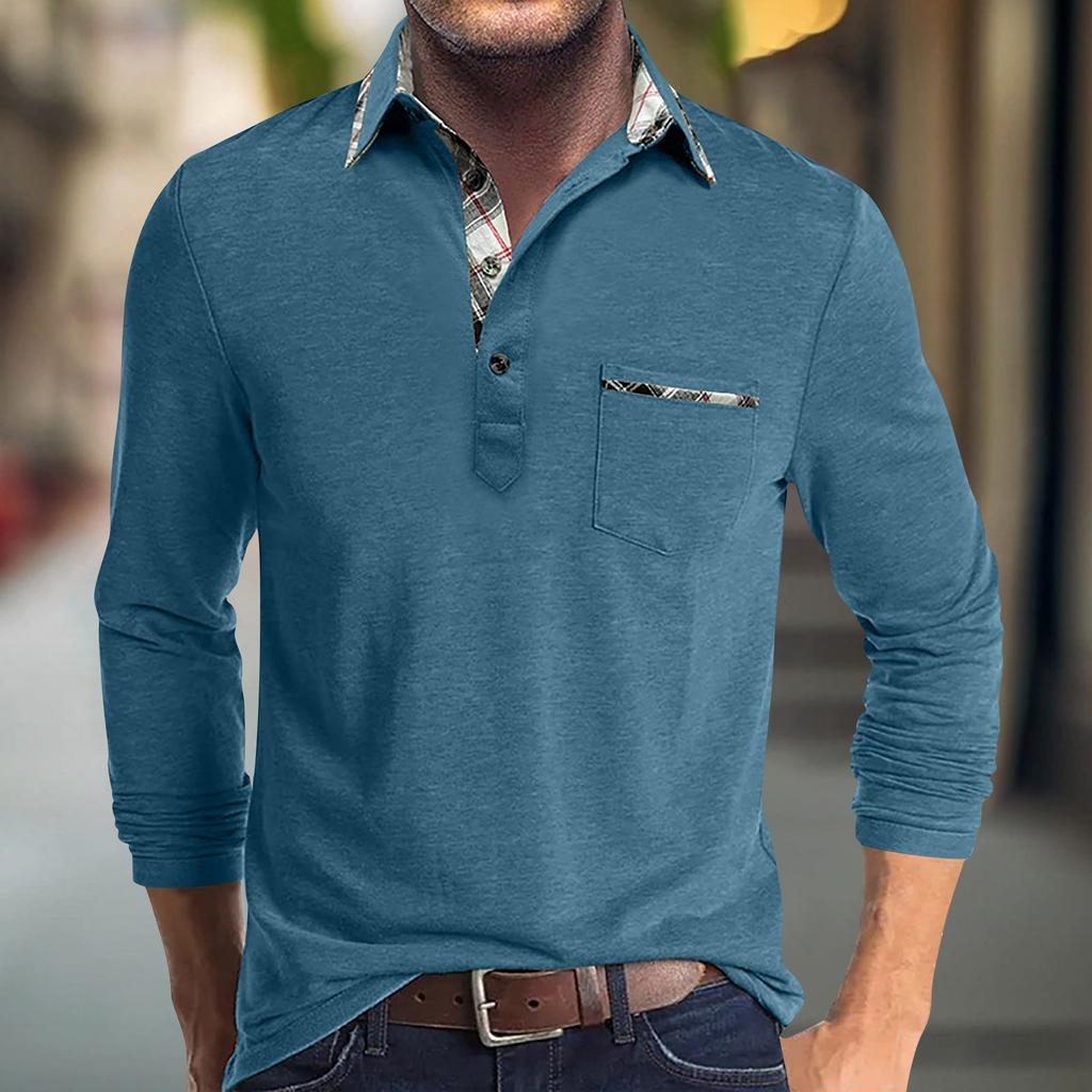 Мужская весенне-осенняя однотонная футболка с лацканами, 3 пуговицы, открытая планка и пуговицы, топ с длинными рукавами