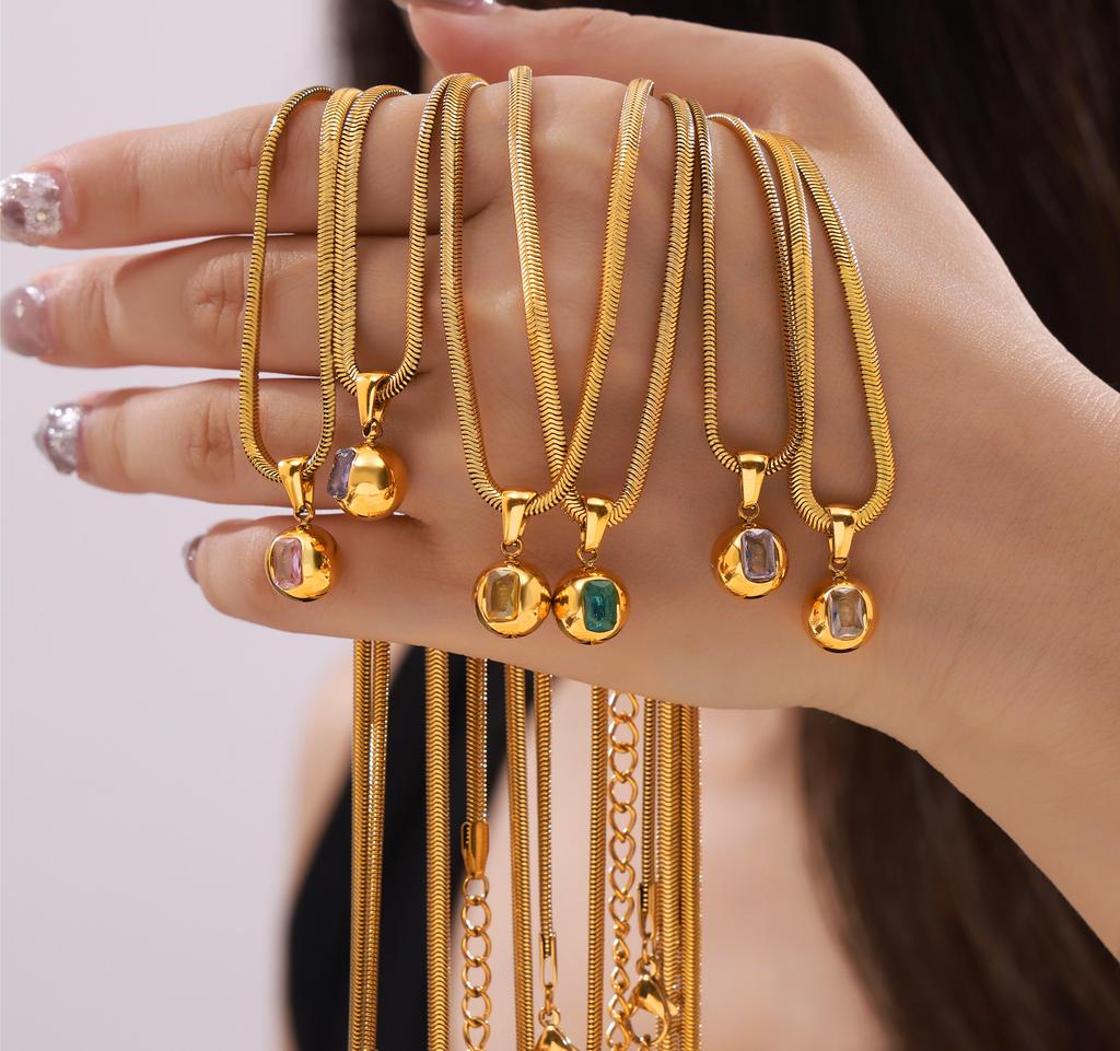 Ожерелье-цепочка из нержавеющей стали 316L «Змеиная кость» для женщин, модное ожерелье с подвеской в виде красочного циркониевого шара с 18-каратным золотым покрытием, циркон