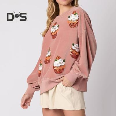 Женская толстовка с принтом кексов и пайеток, круглый вырез, свободные длинные рукава, повседневный топ на рождественскую тематику для новогодней вечеринки