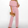 Women's Short Sleeve Jumpsuit Tie Waist Belted Straight Wide Leg Pant Romper Casual Crew Neck One-piece Overall