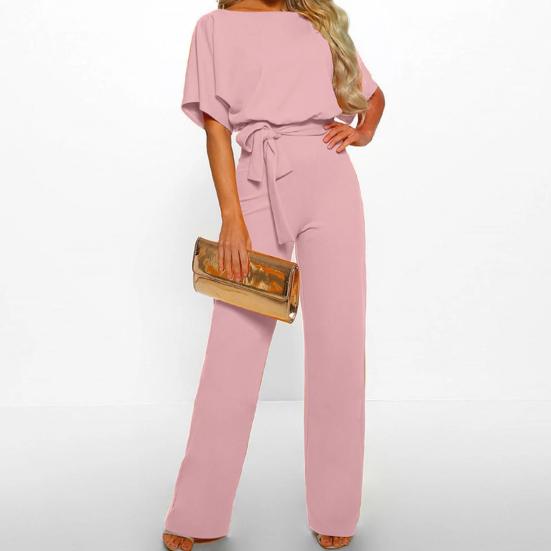 Women's Short Sleeve Jumpsuit Tie Waist Belted Straight Wide Leg Pant Romper Casual Crew Neck One-piece Overall