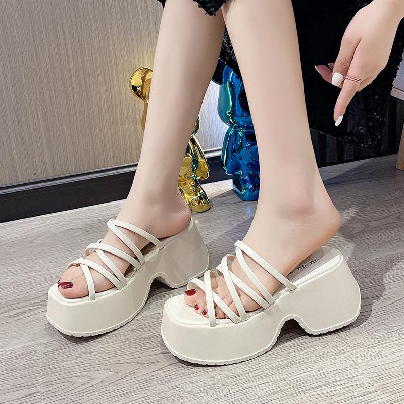 8 см Высокий каблук Толстая подошва Тапочки Женские летние модные туфли Универсальные тапочки для верхней одежды Тонкий ремень Платформа Римские сандалии